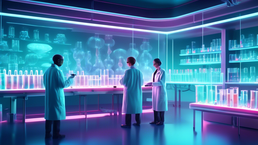 Digital illustration of a futuristic laboratory with scientists analyzing glowing test tubes containing experimental cancer drugs, with a visible display showing promising study results.