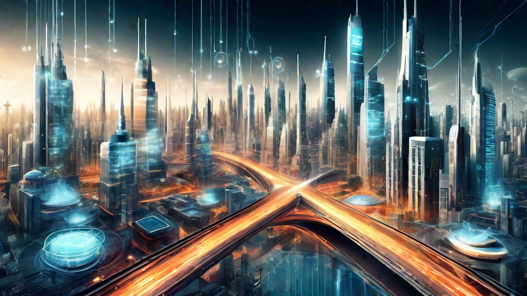 Detailed illustration of a futuristic cityscape with advanced technology infrastructure symbolizing rapid IT transformation over 5 years as compared to the previous 15 years