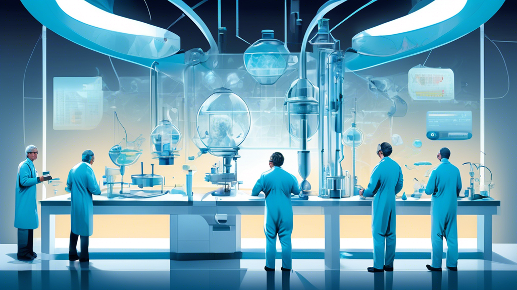 An illustrated concept of a futuristic Amgen laboratory with scientists revealing an innovative obesity treatment amid rising stock graphs, symbolizing success and breakthrough.