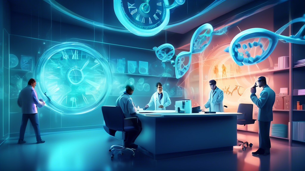 DALL-E, create an image of a futuristic FDA office with scientists examining a glowing DNA helix under a magnifying glass, with a clock showing the time running out on the wall.