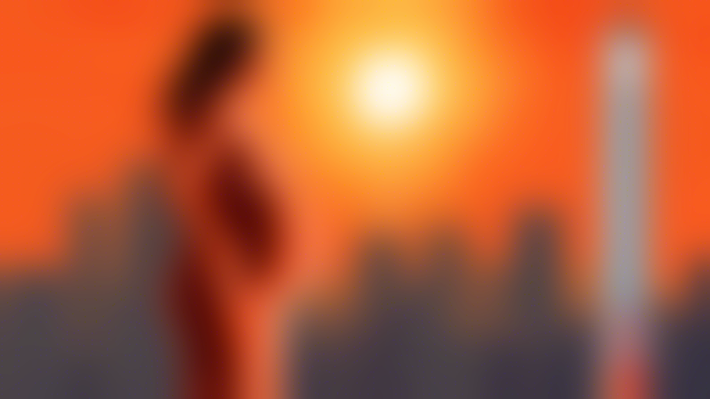 A visualization of a pregnant woman standing under a scorching sun in an urban heatwave scenario, with a digital thermometer displaying extremely high temperatures and a symbolic representation of a worrying countdown to preterm birth.