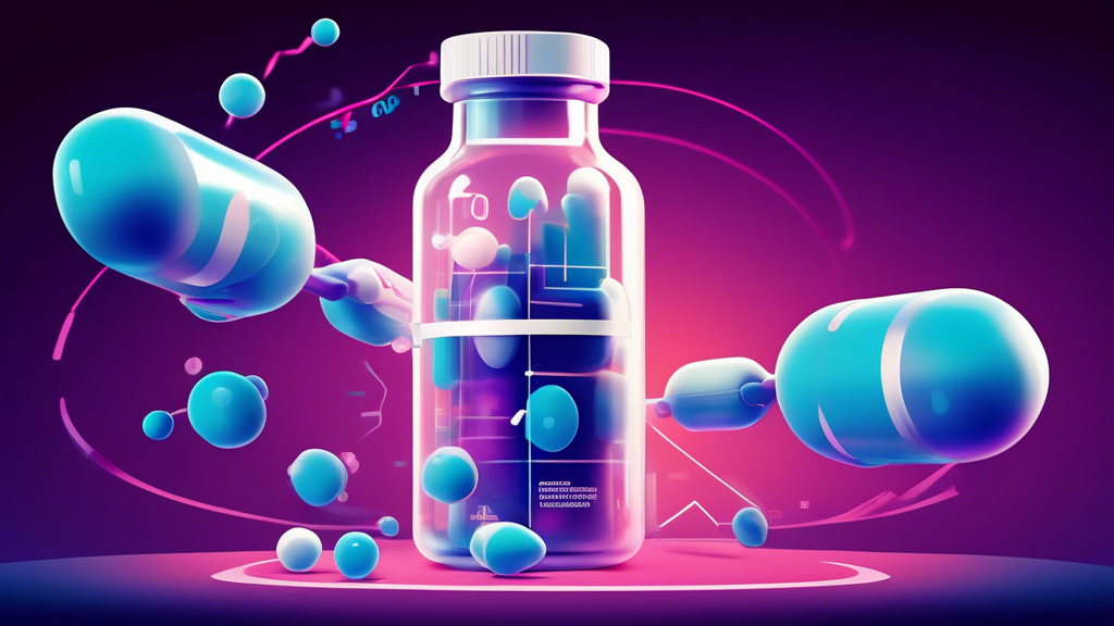 An artistic representation of AstraZeneca's metaphorical leap ahead in the pharmaceutical industry, showcasing a giant, futuristic pill bottle labeled with a cancer symbol, surrounded by smaller orbiting molecules, against a backdrop of an upward sales graph.