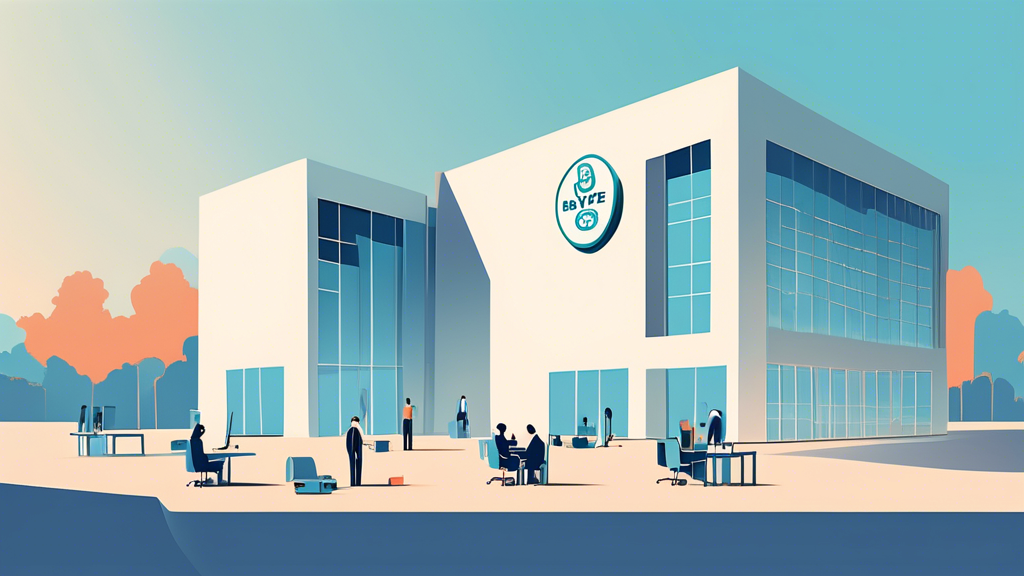 a minimalist illustration of a large corporate office building with scattered empty desks and a few employees packing their belongings into boxes, with the Bayer logo subtly integrated into the sky background