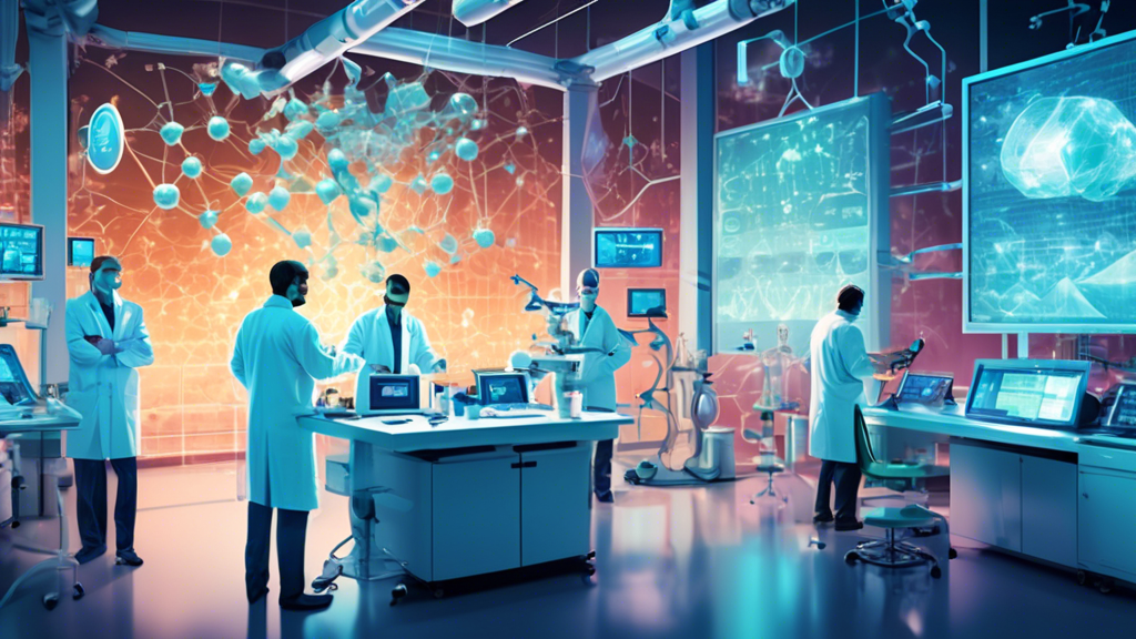 An innovative biotechnology laboratory with the logo of Progentos on the wall, scientists in lab coats analyzing a glowing vial labeled 'MS Treatment', surrounded by futuristic medical equipment and digital screens displaying molecular structures, with a background of financial graphs soaring upwards and a pile of $65M cash on a table.