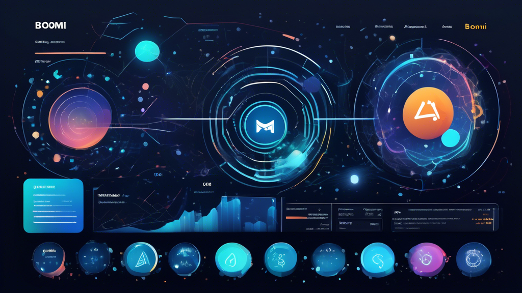 a futuristic API management dashboard showcasing intricate data flows and analytics, overlaying a cosmic background with Boomi logo accents