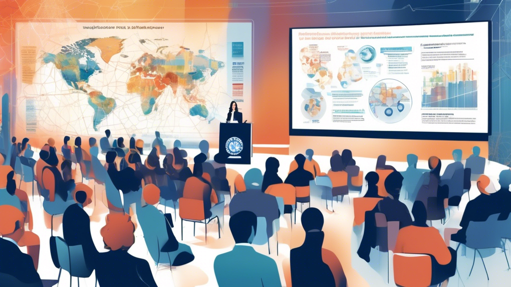 Digital illustration of CDC Director Mandy Cohen giving a compelling presentation on public health preparedness at the Milken Institute conference, with a diverse audience of professionals listening attentively, underscored by infographics of health data trends and global maps highlighting areas of concern.