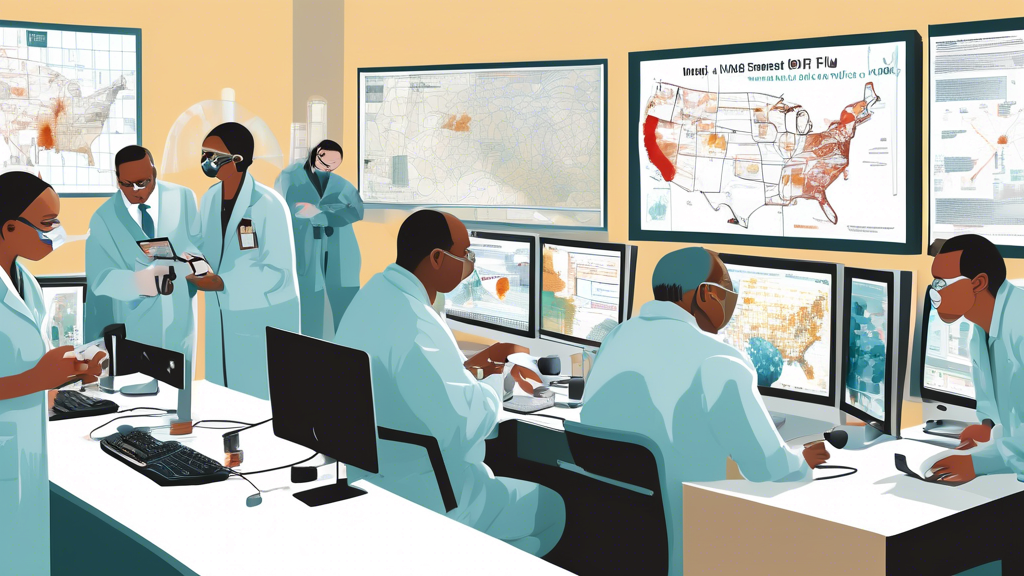 A team of scientists and public health experts huddled over computers and lab equipment, analyzing data and samples, with a map displaying flu surveillance status across the United states in the background, amidst warnings of a bird flu threat.