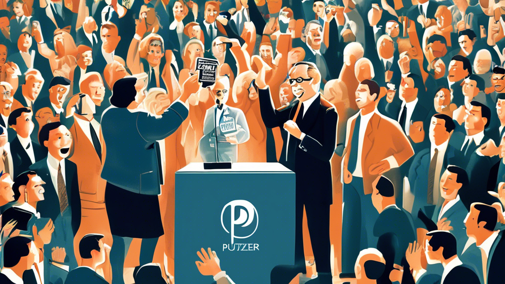 Digital artwork of journalists Casey Ross and Bob Herman standing on a podium together, with the Pulitzer Prize logo in the background, surrounded by a crowd of cheering reporters and photographers, capturing a moment of achievement and recognition in investigative journalism.