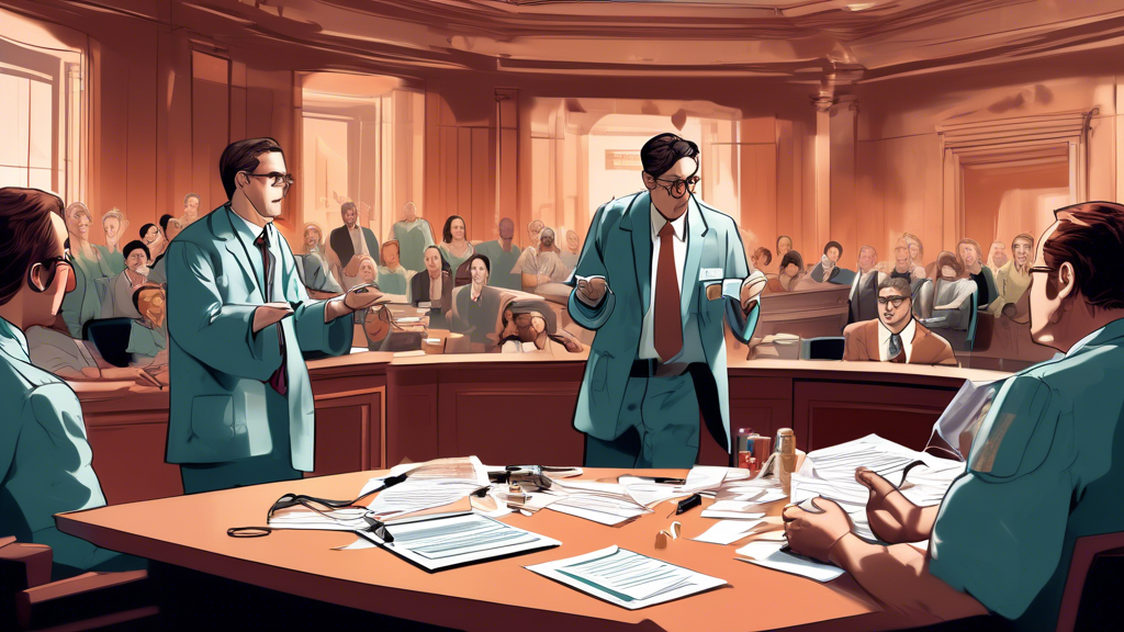 A digital artwork illustrating a courtroom scene where representatives from a clinical lab trade group are passionately presenting their case against FDA officials, with a backdrop of lab-developed test devices and legal documents scattered around, emphasizing the tension of regulatory debate.