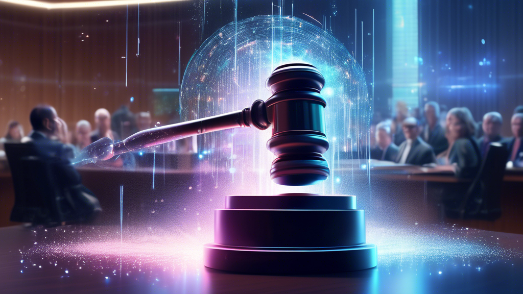 A sleek, futuristic courtroom scene with an ethereal holographic display showcasing a $1.6bn figure being dissolved into digital particles, with IBM's logo in the background and a gavel striking down in slow motion.