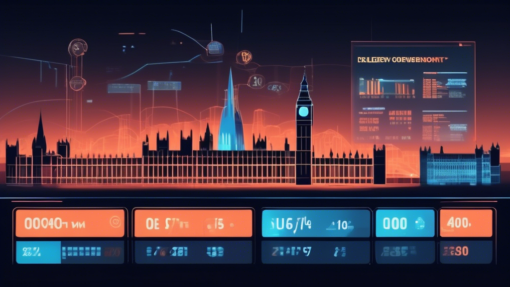 A futuristic digital dashboard displaying various pension account stats and graphs with a construction sign saying Delayed overlaying the interface, set against the backdrop of the iconic UK Parliament building.