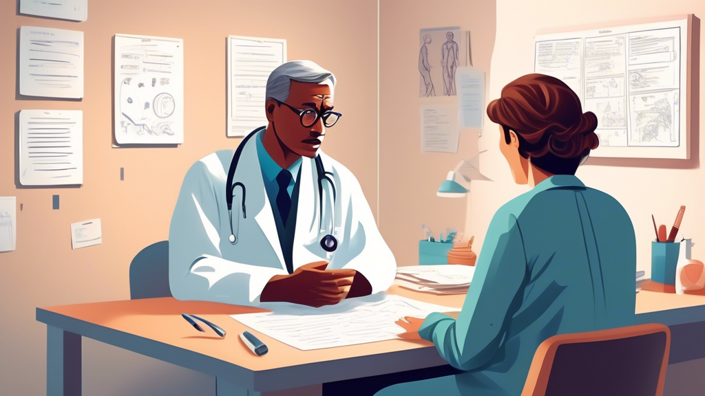 A detailed illustration of a doctor in a consultation room, thoughtfully explaining colorectal cancer screening options to a patient, with a visible letter of concern on the desk and response notes in the foreground.