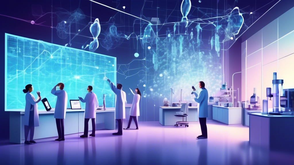 A futuristic medical research laboratory with scientists celebrating the successful development of Leqembi, a breakthrough Alzheimer’s drug, with a digital revenue target graph displaying exponential growth in the background.