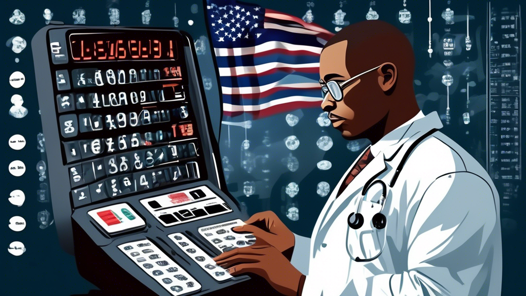 A respected doctor using a modern digital lung function test machine on a Black veteran, with an overlay of translucent calculator symbols and dollar signs, symbolizing the elimination of race-based adjustments and the calculation of higher disability payments, all set against the backdrop of a VA hospital with American flags.