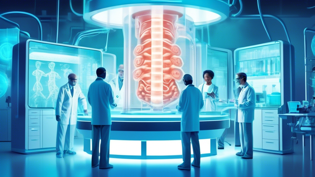 A futuristic medical lab with scientists examining a glowing, innovative colon cancer screening device by Guardant Health, under the watchful eye of approving FDA advisers.