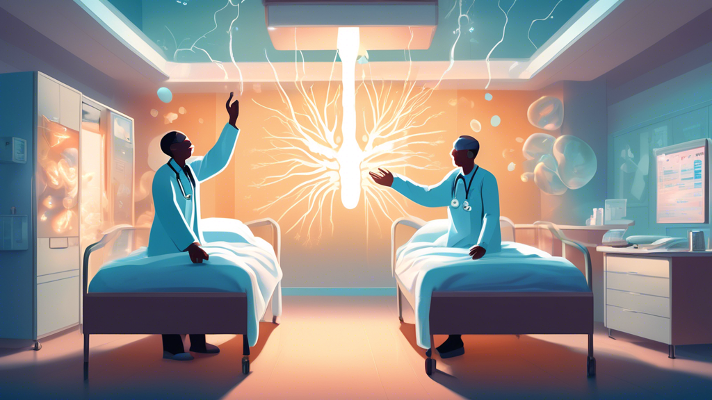 Detailed illustration of a patient and doctor celebrating in a hospital room, with a glowing representation of a lung and the Amgen drug floating above their hands, signifying hope and breakthrough in lung cancer treatment.