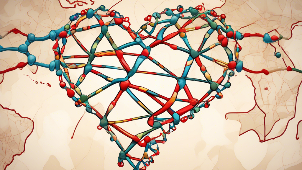 An artistic depiction of human DNA strands intertwining with symbolic heart shapes, set against a background of a map highlighting West Africa, showcasing the link between genetic variants and cardiovascular health.