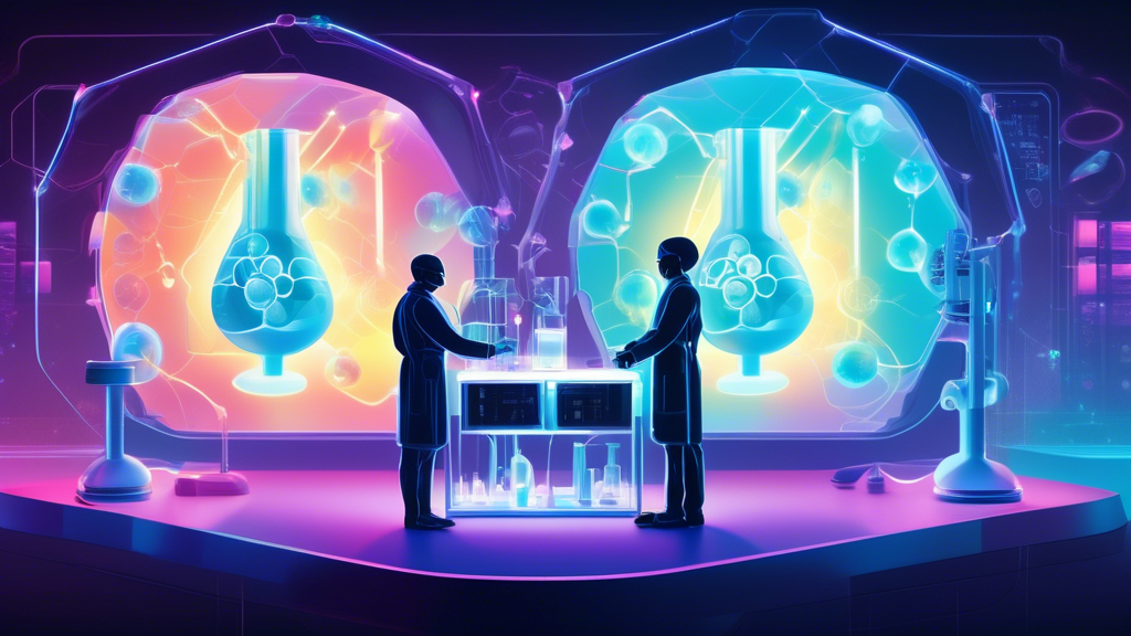 Create an image of a futuristic, gleaming laboratory, where scientists are examining a glowing, holographic display of molecular structures. In the foreground, a handshake between two silhouetted figures symbolizes the sale of rights, with the name Gossamer subtly illuminated on one side and a stylized logo that hints at Merck on the other. The background is filled with digital screens showing advanced drug development data and the hopeful atmosphere is captured with soft, ambient light.