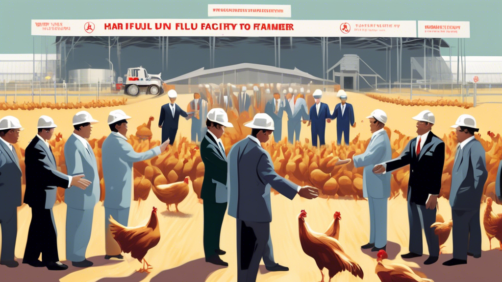 A painting of federal officials in suits shaking hands with farmers in front of a large, modern poultry farm, with biosecurity signs visible and barriers being constructed around the perimeter to protect against H5N1 bird flu.