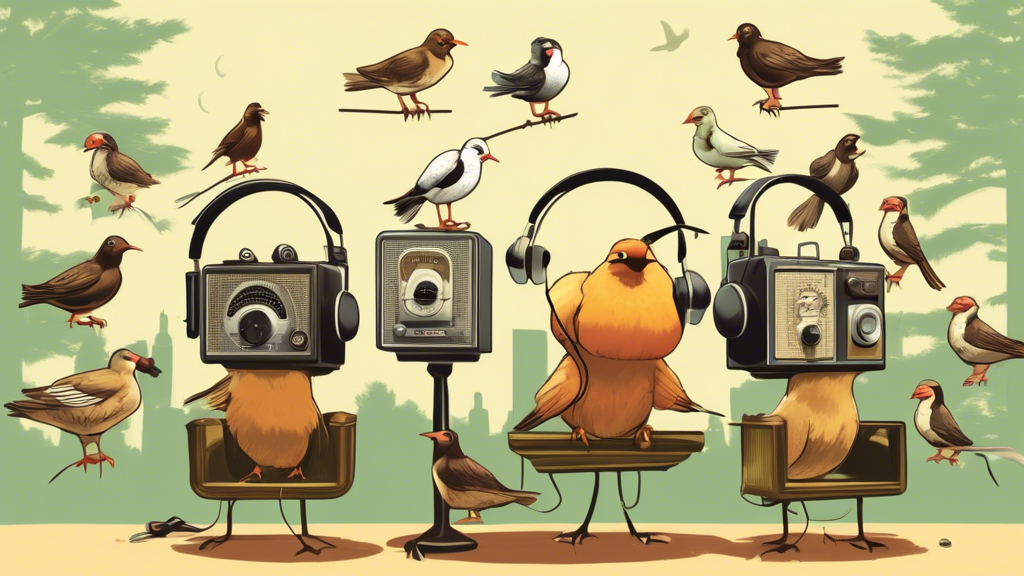 Create an illustration of various birds wearing headphones, attentively listening to a large, vintage radio broadcasting information on H5N1 bird flu against the backdrop of a serene park.