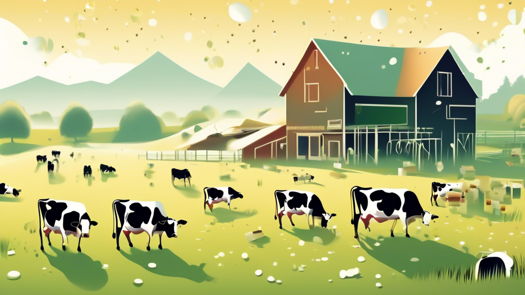 A digital art representation of a serene farm setting with cows grazing, incorporating subtle visual elements like virus particles mingling with milk droplets, illustrating the concept of asymptomatic cows being infected with the H5N1 bird flu virus.