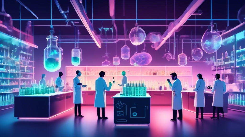 An imaginative laboratory with scientists examining glowing vials containing futuristic autoimmune drugs, with the Immunovant logo prominently displayed in the background.