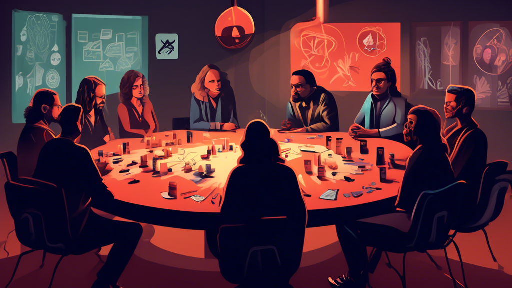 Detailed illustration of a thoughtful discussion between addiction experts and community members at a round table, with symbols of harm reduction and 'war on drugs' imagery in the background, under a dimly lit room highlighting the gravity of the situation.