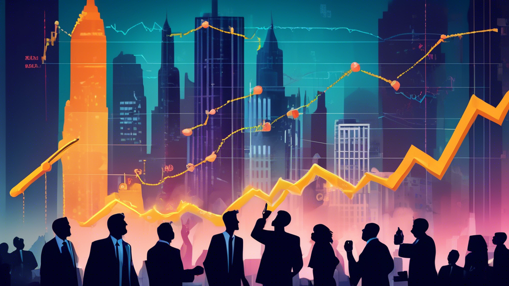 A graph chart depicting a sharp rise in Insmed stock prices against a backdrop of healthy lungs and a glowing pill, with Wall Street buildings in the background and excited investors celebrating.