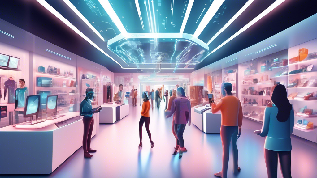 Detailed illustration of a futuristic retail store merging physical and digital realms, showcasing customers interacting with various technology touchpoints for a seamless shopping experience.