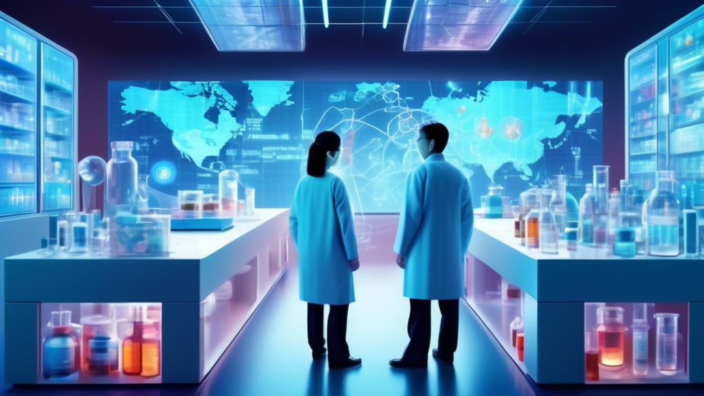 A futuristic biotech laboratory with scientists examining vials of newly licensed obesity drugs, with a digital world map in the background highlighting China and investment figures glowing on screens.