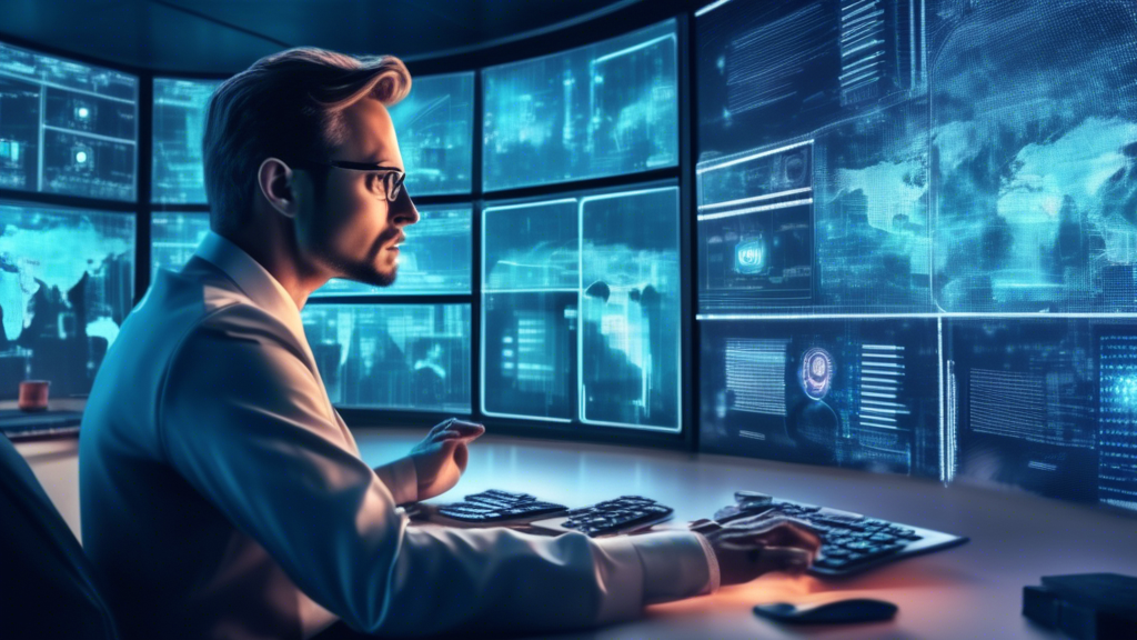 A cybersecurity expert explaining the Critical Infrastructure Cyber Incident Reporting Rule to a group of CIOs in a futuristic command center filled with digital screens displaying cyber security data.