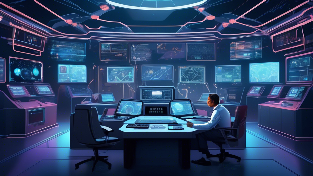 An illustration of a futuristic NASA control room with AI interfaces and holographic technology, featuring the first chief AI officer overseeing operations.