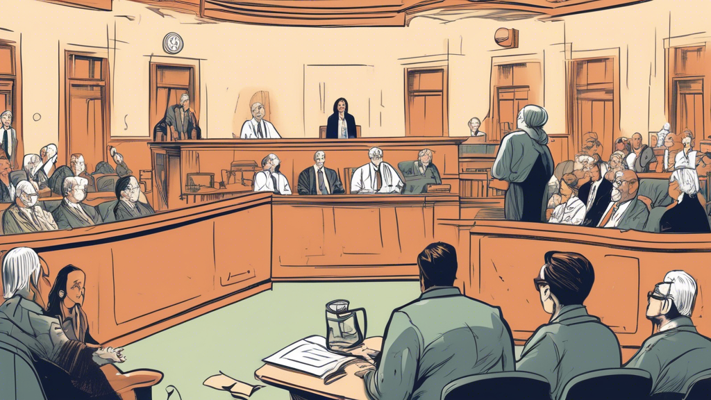 An illustrated courtroom scene with nursing home administrators and attorneys on one side, facing government representatives on the other, with a judge in the middle, all under a banner reading 'Debate Over Minimum Staffing Rule'.