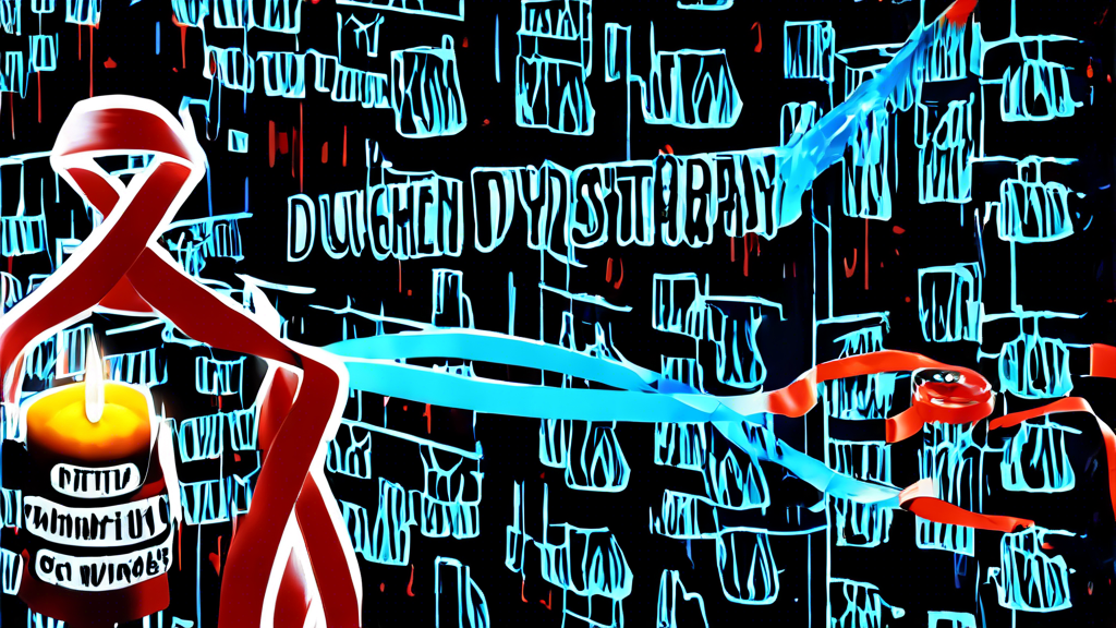 A somber illustration of a candle vigil with a ribbon symbolizing Duchenne Muscular Dystrophy awareness in the foreground, set against a backdrop of laboratory equipment and DNA strands.