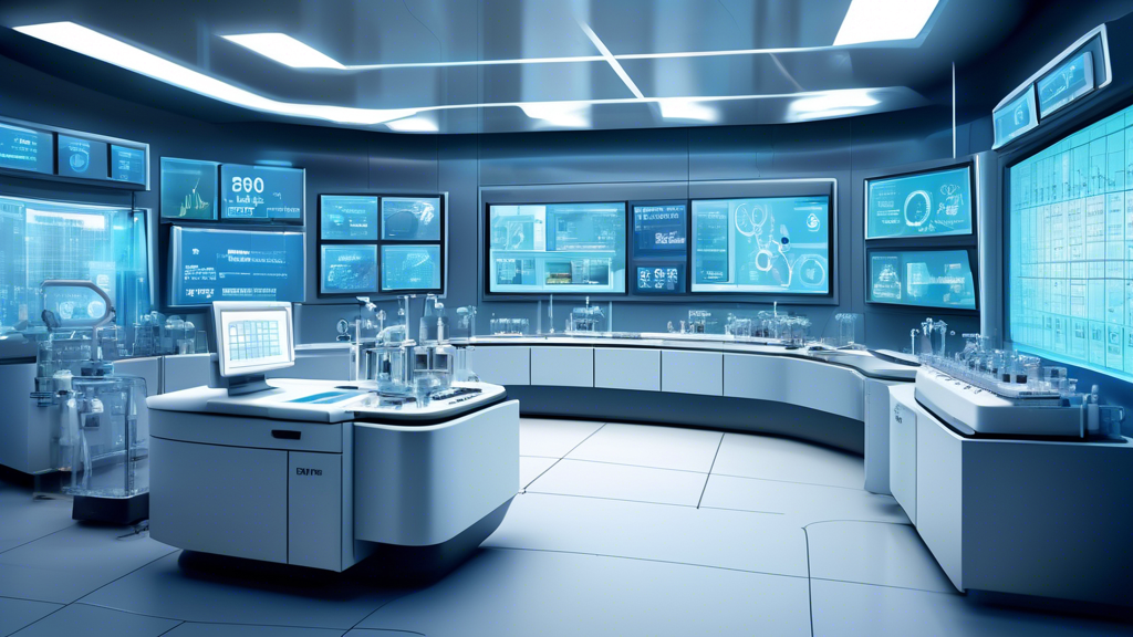 An illustrative image showcasing a futuristic Pfizer laboratory with a digital dashboard displaying a graph chart where the $1.5 billion target is being achieved through innovative cost-cutting solutions, symbolizing efficiency and progress.