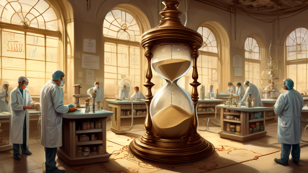 An intricate digital painting of a large, ornate hourglass standing in the midst of a pharmaceutical laboratory, with patents flowing through it like sand, while researchers in lab coats observe and take notes, indicating the passing time until drug patents expire.