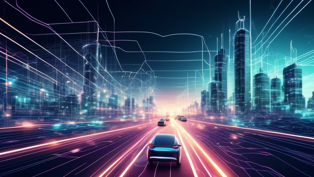 Abstract visualization of futuristic cityscape, with smart grids and electric vehicles, all interconnected through glowing lines of data flow representing the acceleration of electric power intelligence.