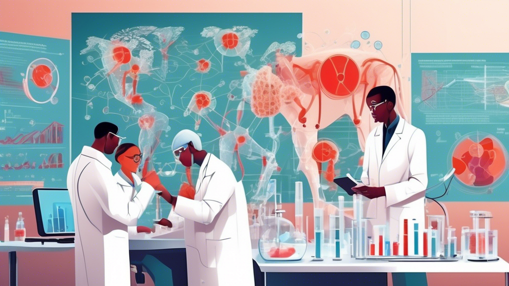 A team of scientists in a laboratory observing a graphical representation of the innovative HIV vaccine's action mechanism inside an animal model, with hopeful expressions, surrounded by charts and data illustrating progress and remaining challenges.