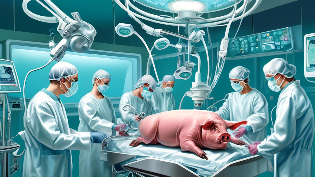 A pioneering medical illustration depicting the moment a genetically engineered pig kidney is transplanted into a human patient, with futuristic medical equipment and a team of surgeons in a sterile operating room.