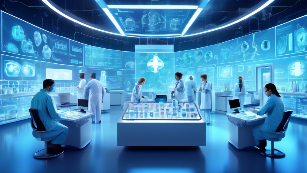 a futuristic medical laboratory with scientists analyzing data on holographic screens about a new obesity drug, surrounded by digital icons representing Amgen, Wegovy, and Zepbound.