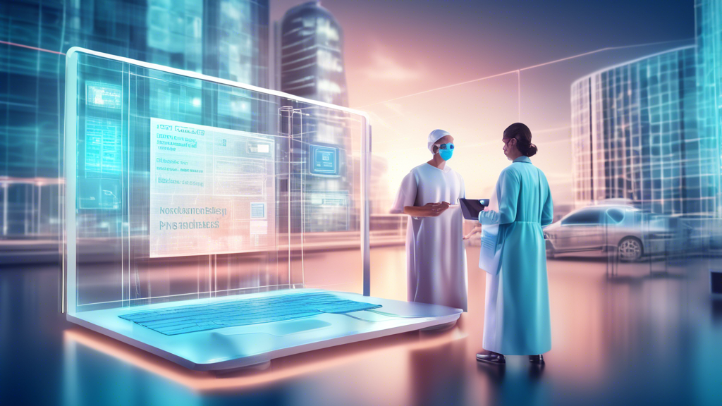 Digital illustration of a futuristic healthcare data exchange platform showing Change Healthcare securely notifying patients of a data breach while hospital buildings are seen in the background, with a focus on privacy and technology.