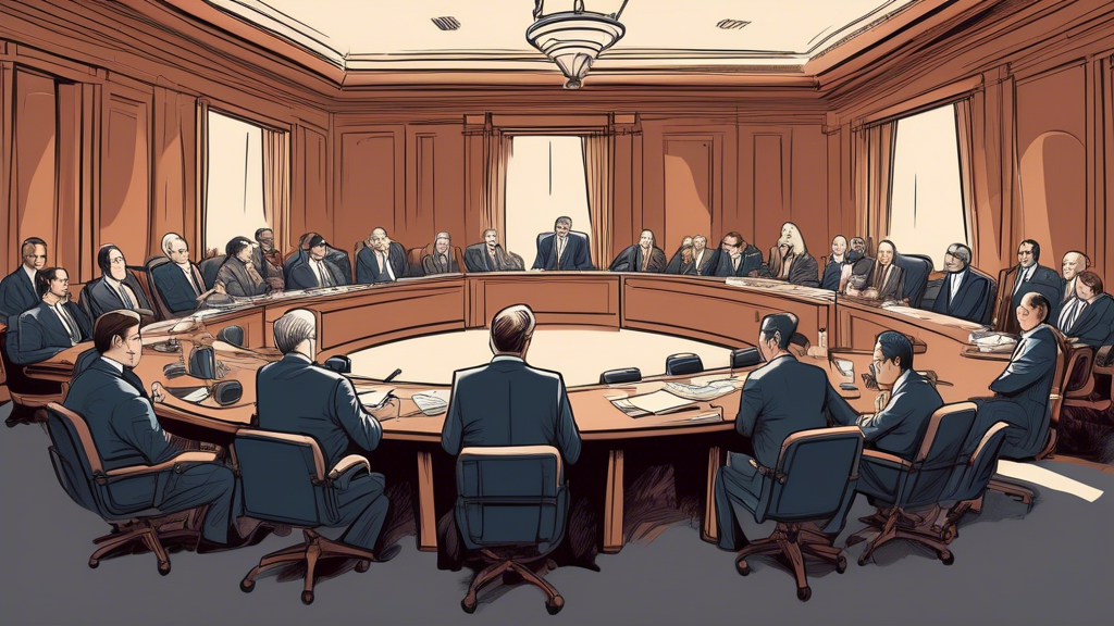 An illustration of PBM executives sitting in a formal hearing before a House panel, with members of Congress questioning them, in a grand, detailed congressional hearing room.