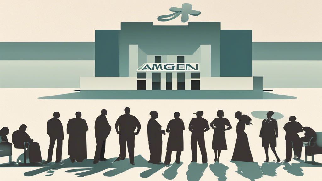 An illustration of a large pharmaceutical company building labeled 'Amgen' casting a shadow over a group of patients, with a symbolic representation of a cancer drug in the foreground, emphasizing the theme of profits versus patient care.