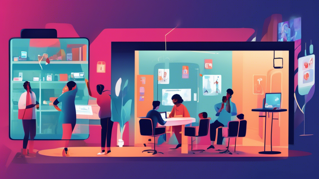 Digital illustration of a split scene: On one side, a vibrant, bustling telehealth session in progress with patients interacting smoothly with doctors over computers and mobile devices; on the other side, a dim, abandoned virtual clinic with a closed sign, symbolizing the uncertainty of telehealth's future.