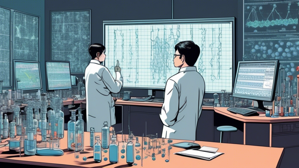 A somber scientific laboratory setting showing researchers analyzing data on a computer screen, with a visible graph displaying unfavorable results, and a molecule structure model of a Duchenne muscular dystrophy drug on the table, symbolizing Nippon Shinyaku's recent trial failure.