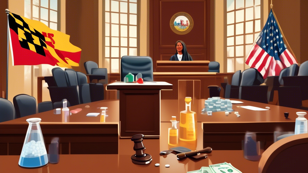 A courtroom scene with Novartis and Maryland state flags in the background, highlighting a legal battle over a drug discount program, with symbolic elements like pharmaceutical pills and the scales of justice.