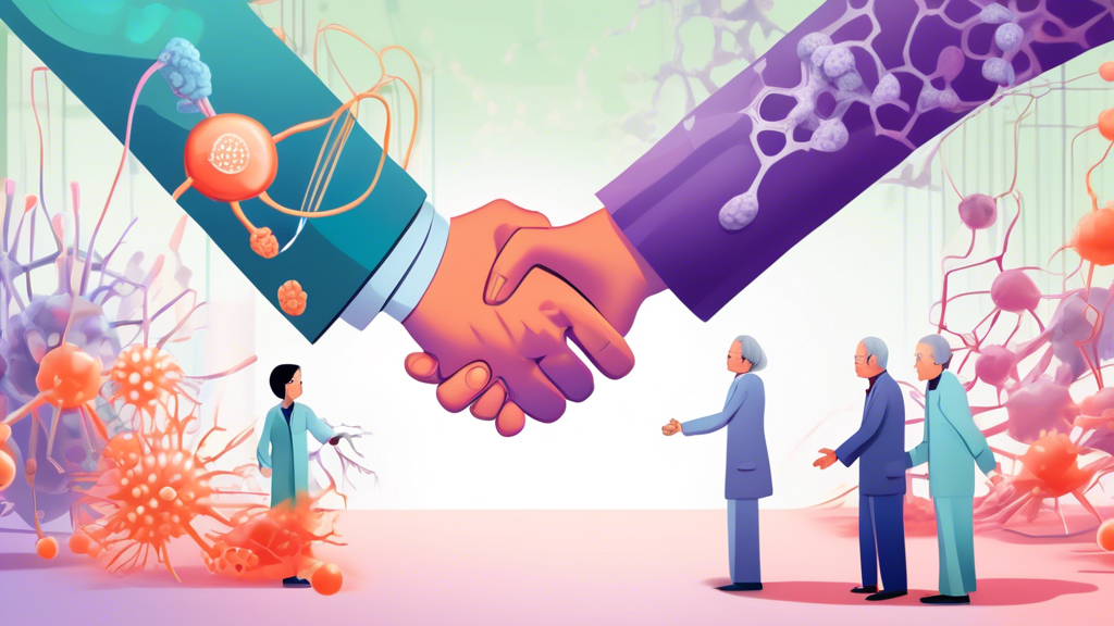 Detailed illustration of a handshake between Takeda and AC Immune executives in front of a background depicting Alzheimer's immunotherapy research.