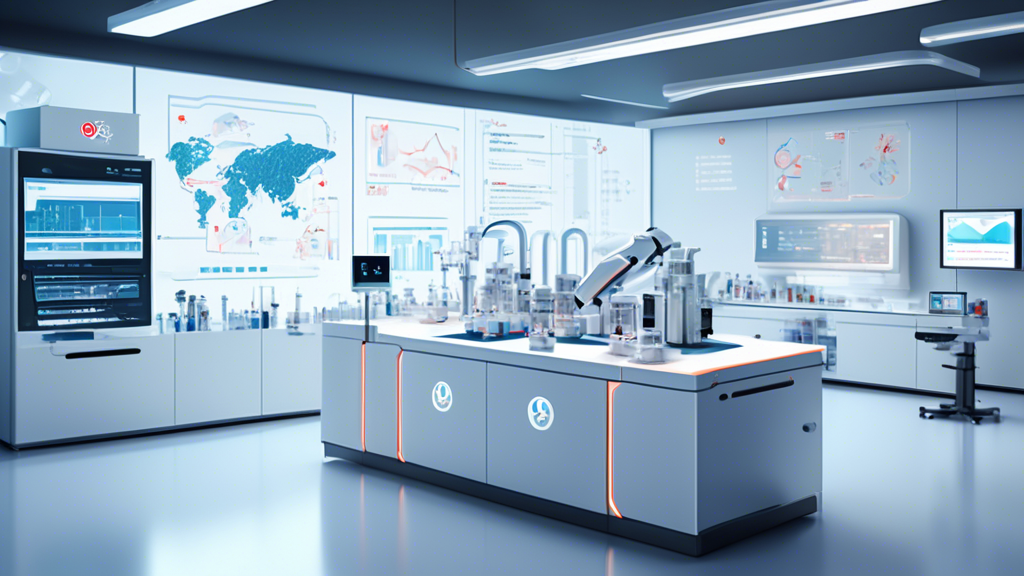 A modern, high-tech laboratory with futuristic AI-driven machinery processing samples, superimposed with charts and graphs displaying efficiency metrics and pipeline optimization, in a sleek and efficient design aesthetic with the Takeda logo subtly integrated.