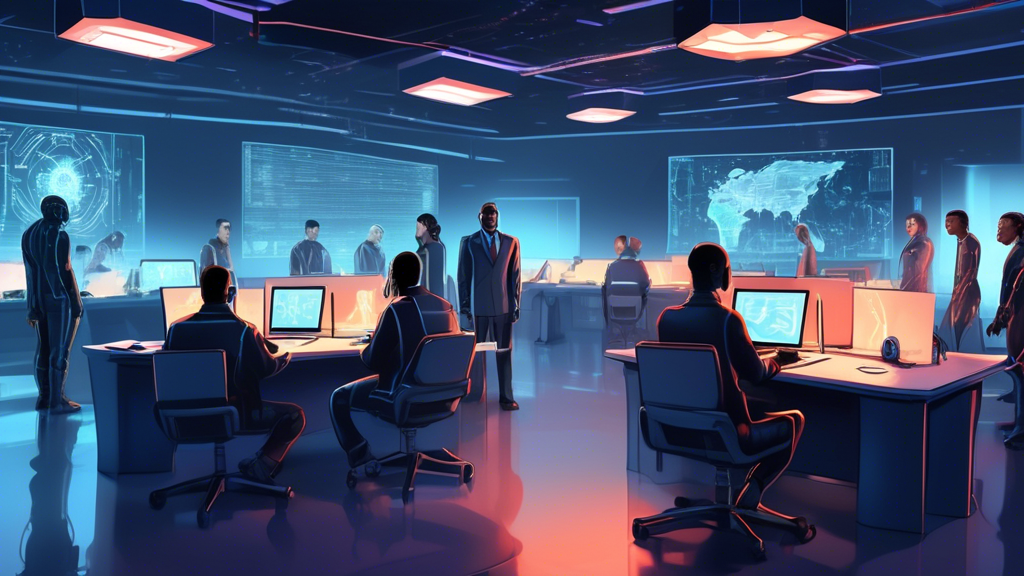 Concept art of futuristic government facility training AI specialists in a cybernetic classroom, with diverse individuals working on advanced computer systems and holographic projections of AI technology, symbolizing the US government entering the race to acquire AI talent.