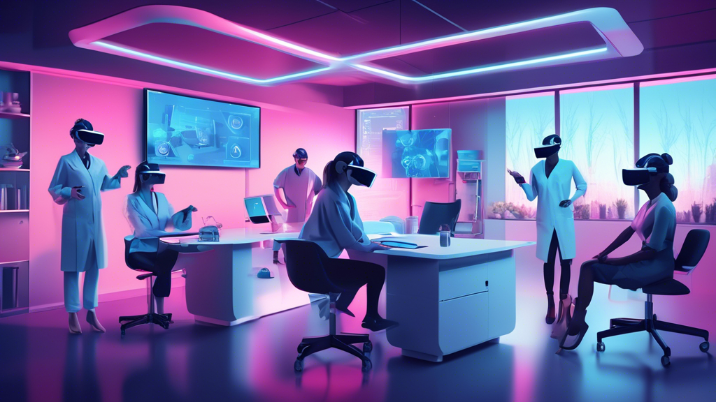 A modern digital health office environment with Zara Baker leading a diverse team through innovative virtual reality healthcare projects.